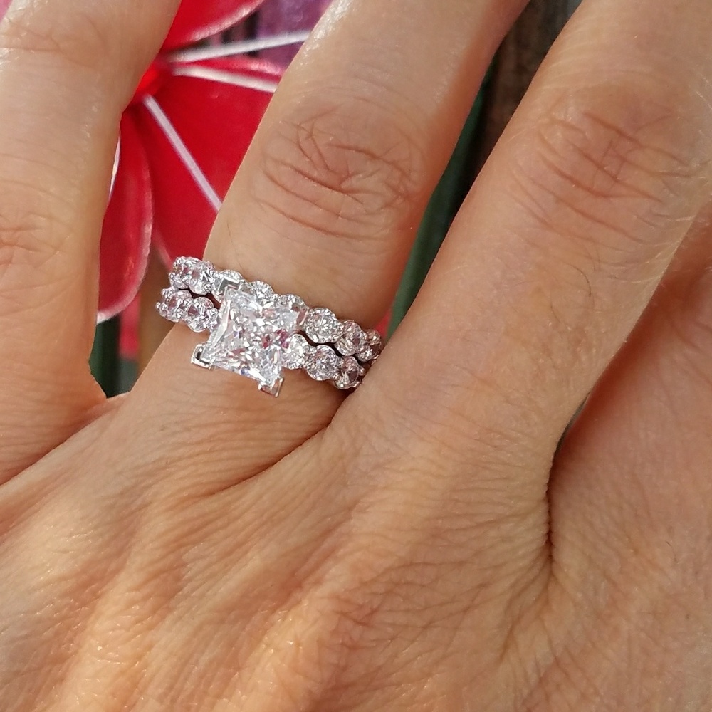 14k Solid White Gold 1.5ct Engagement Ring 2pc - Picture 6 of 16